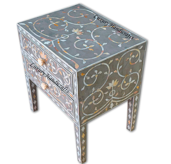 Mother Of Pearl Inlay Bedside 2 Drawer Lotus Design Grey