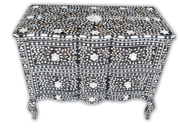 Mother Of Pearl Inlay Chest 2 Curved Drawer Floral Design Black