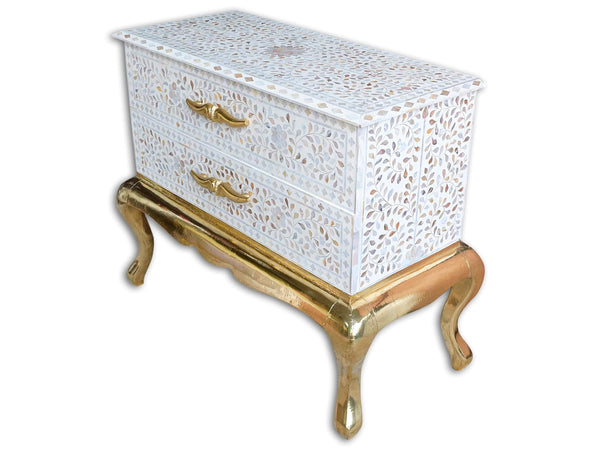 Royal Mother Of Pearl Inlay 2 Drawer Chest Brass Base White