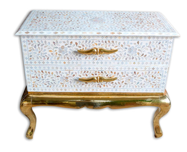 Royal Mother Of Pearl Inlay 2 Drawer Chest Brass Base White
