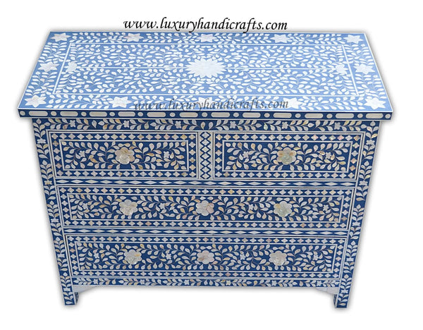 Mother Of Pearl Inlay Floral Chest Of Four Drawers Blue