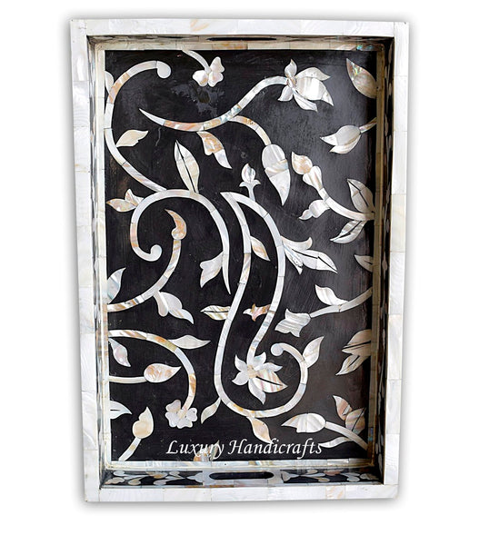 Mother Of Pearl Inlay Flower Tray Black