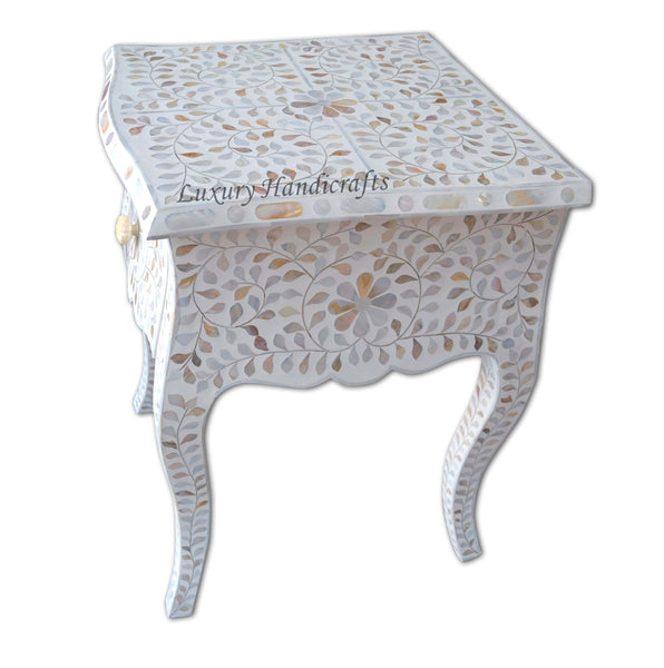 White Mother Of Pearl Inlay French Bedside 1 Drawer Floral Design