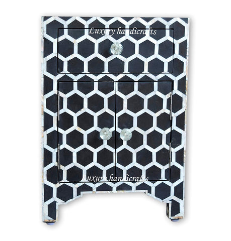 Black Mother Of Pearl Inlay Nightstand Honeycomb Bedside