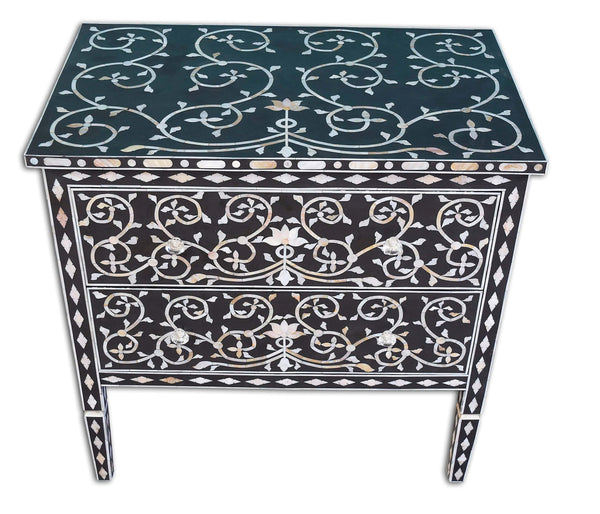 Black Mother Of Pearl Inlay Lotus 2 Drawer Chest