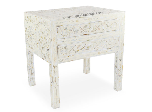 Mother Of Pearl 2 Drawer Bedside Table Long Leg Ivory
