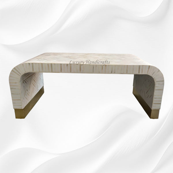 Optical Waterfall Bone Inlay Coffee Table White Brass Base 3