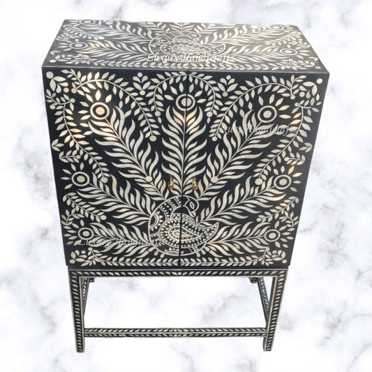 Peacock Design Bone Inlay Bar Cabinet Black