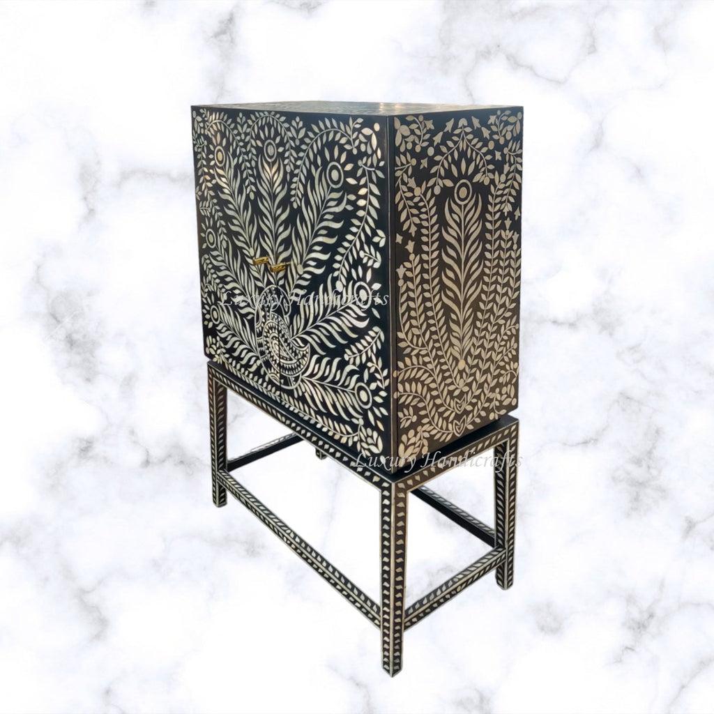 Peacock Design Bone Inlay Bar Cabinet Black – Luxury Handicrafts