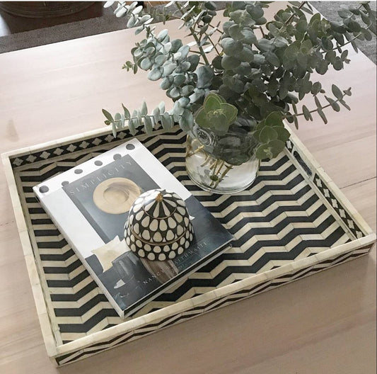 Black Rectangle Chevron Pattern Bone Inlay Tray