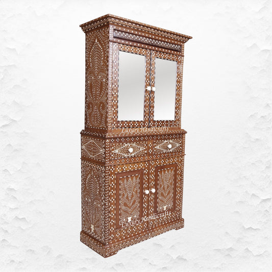 Ross Indian Teak Wood Bone Inlay Cabinet