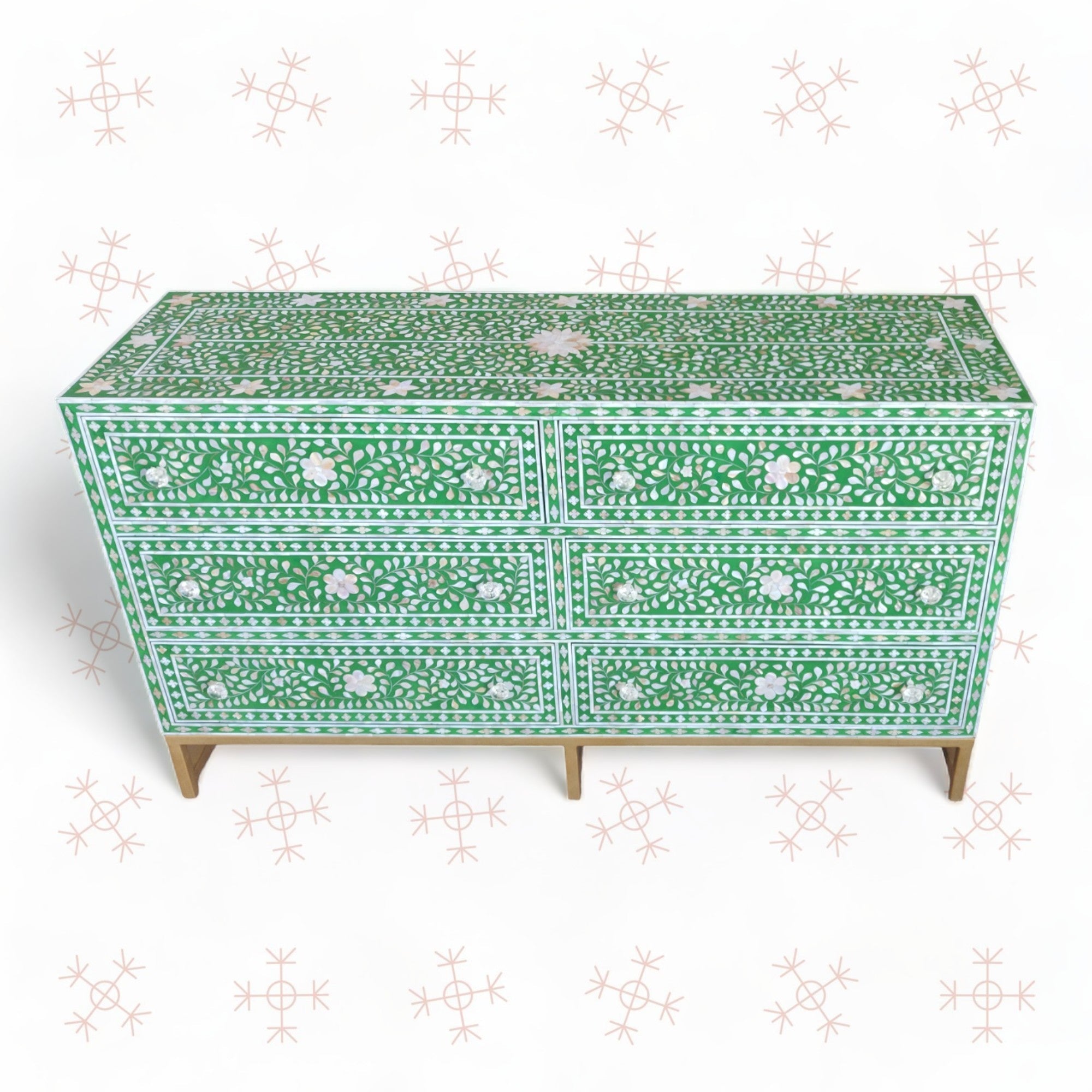 Scroll Vine MOP Inlay 6 Drawer Dresser Green