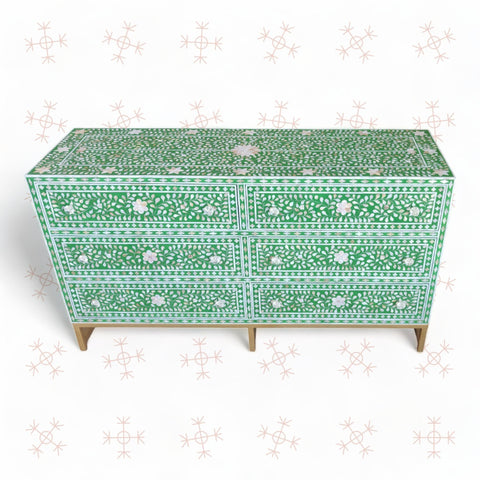 Scroll Vine MOP Inlay 6 Drawer Dresser Green