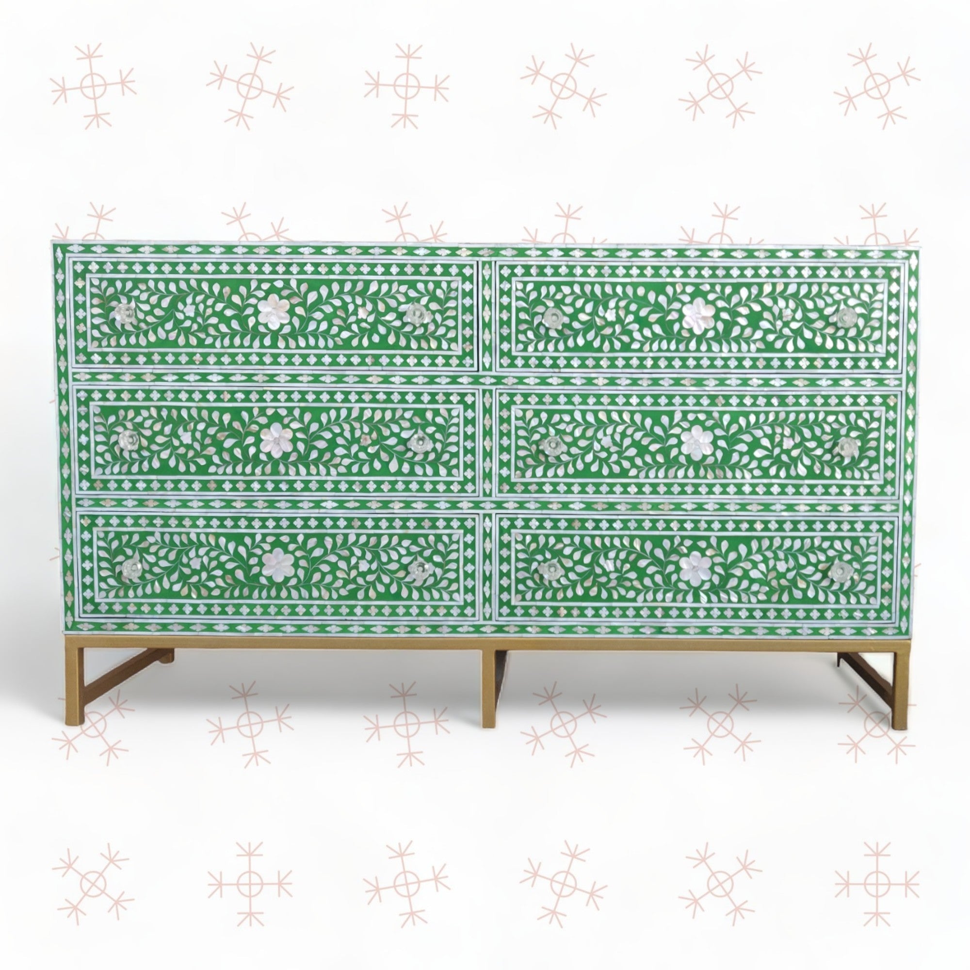 Scroll Vine MOP Inlay 6 Drawer Dresser Green