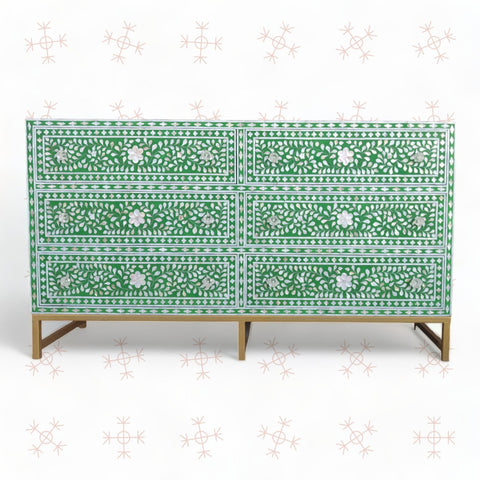 Scroll Vine MOP Inlay 6 Drawer Dresser Green