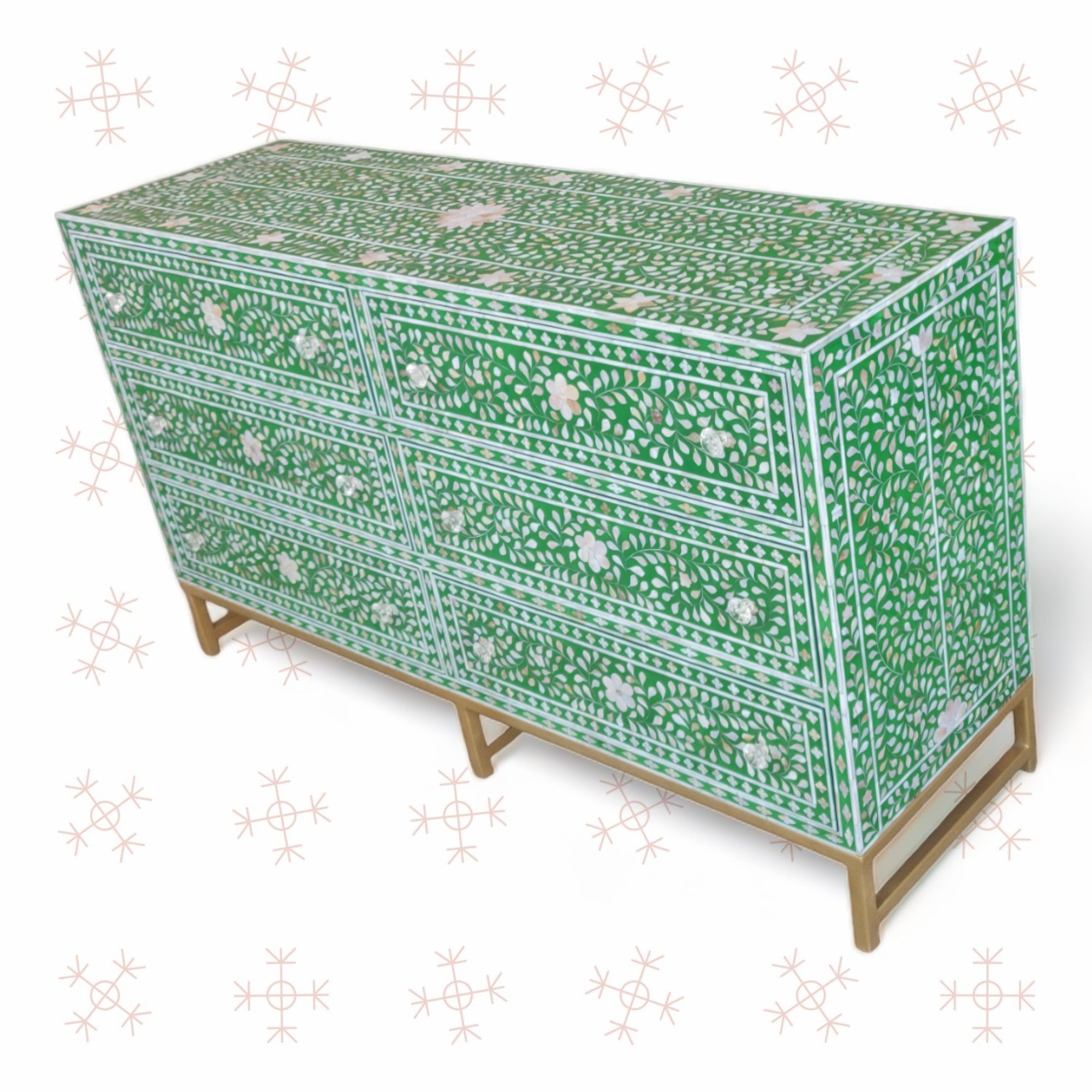 Scroll Vine MOP Inlay 6 Drawer Dresser Green