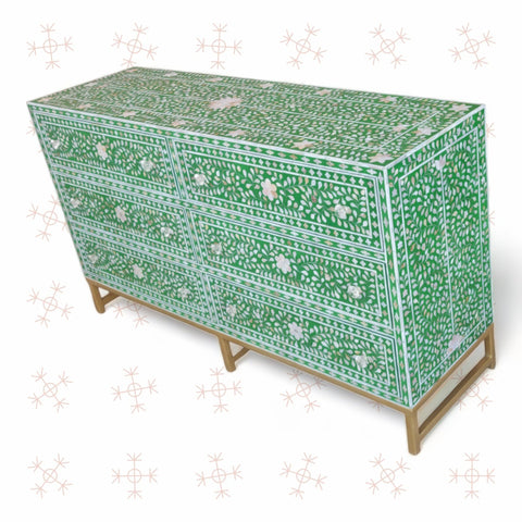 Scroll Vine MOP Inlay 6 Drawer Dresser Green