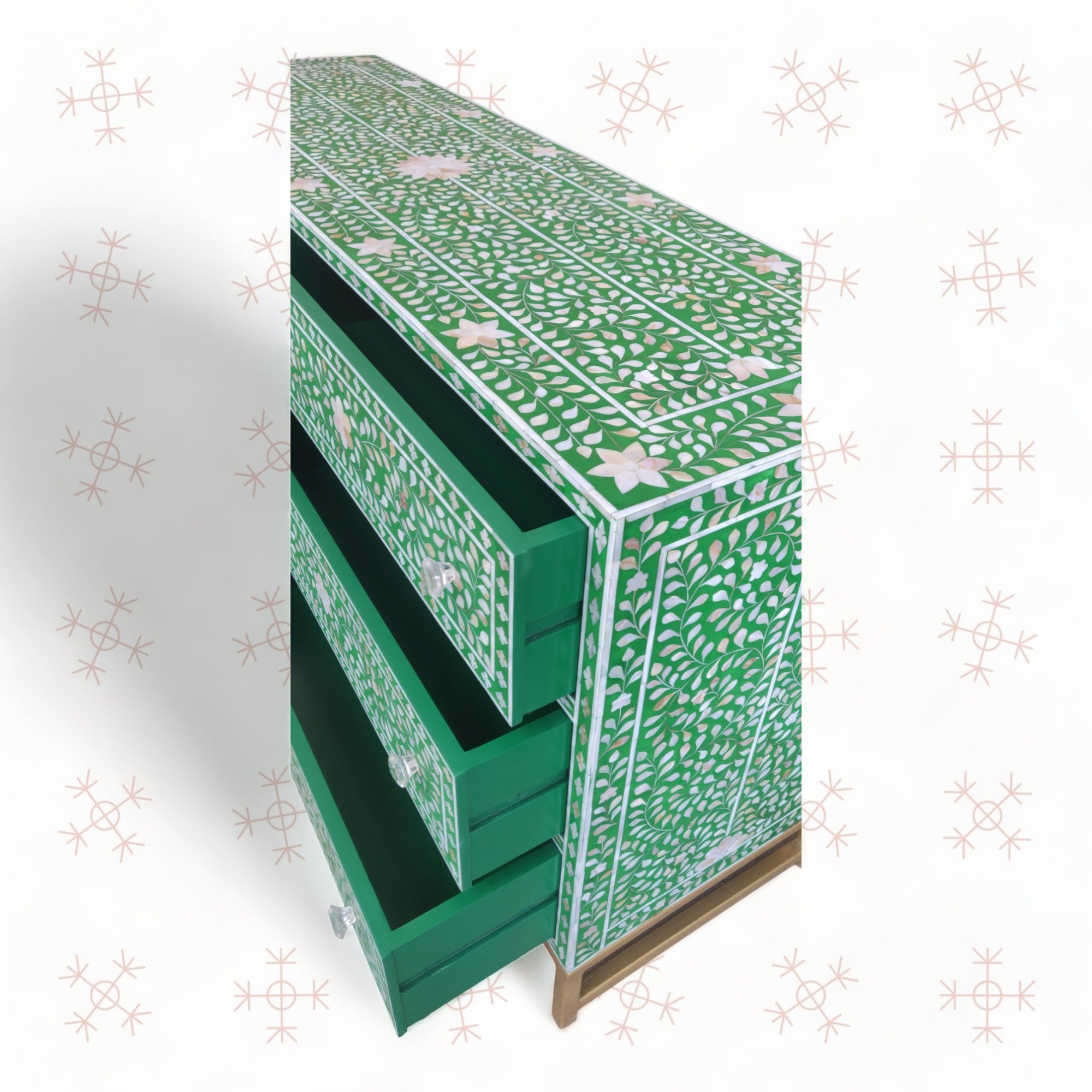 Scroll Vine MOP Inlay 6 Drawer Dresser Green