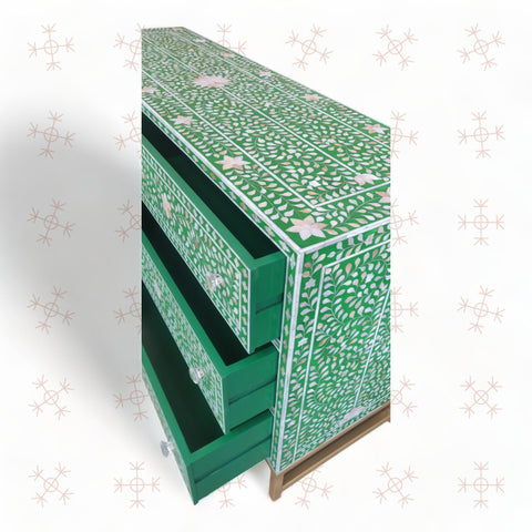 Scroll Vine MOP Inlay 6 Drawer Dresser Green