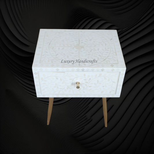 Scroll Vine Bone Inlay Bedside White