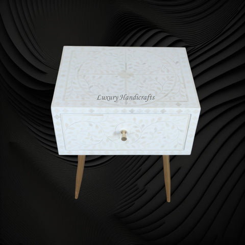 Scroll Vine Bone Inlay Bedside White