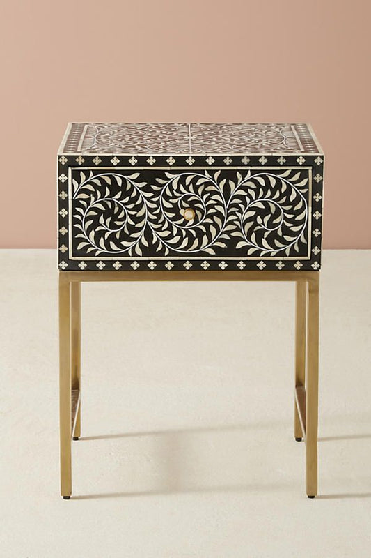 Scroll Vine Bone Inlay Nightstand Black