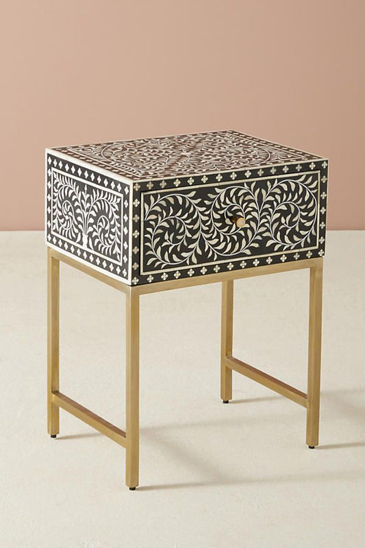 Scroll Vine Bone Inlay Nightstand Black