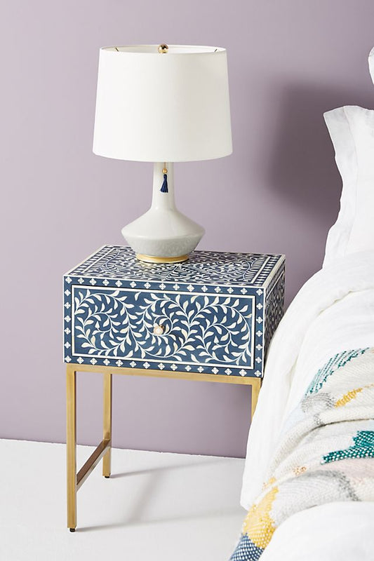 Scroll Vine Bone Inlay Nightstand Blue
