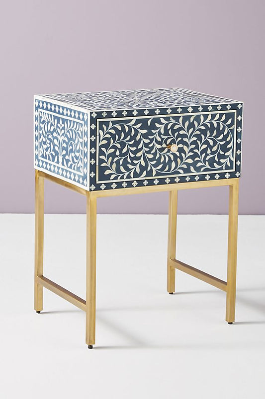 Scroll Vine Bone Inlay Nightstand Blue