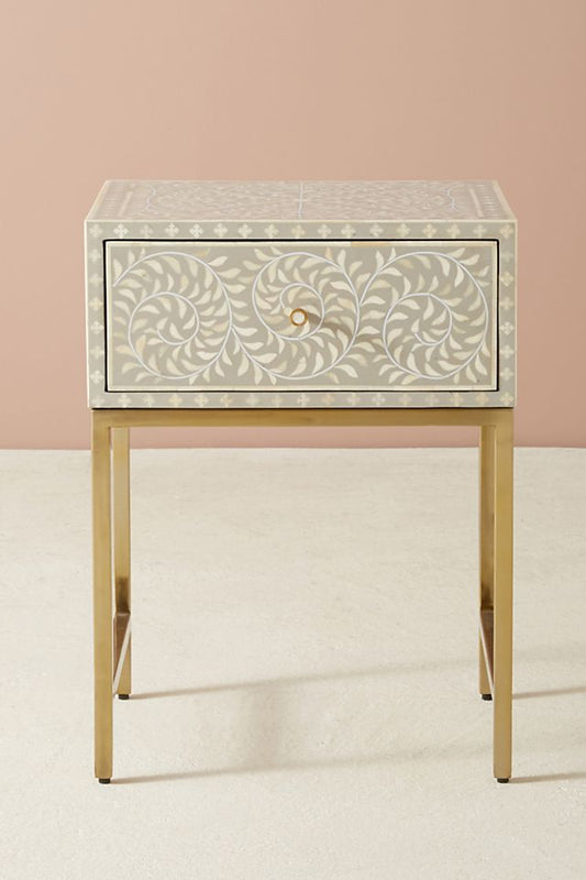 Scroll Vine Bone Inlay Nightstand Grey