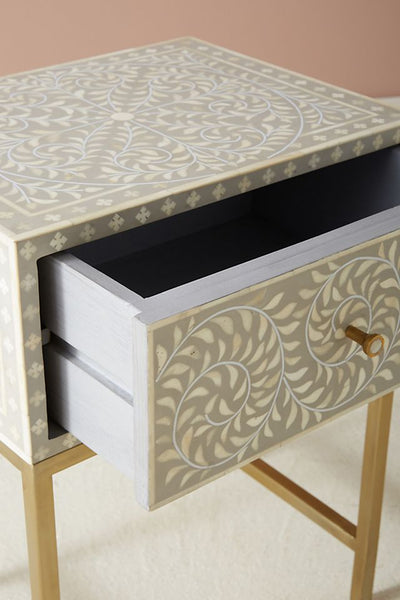 Scroll Vine Bone Inlay Nightstand Grey