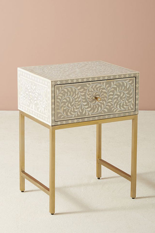 Scroll Vine Bone Inlay Nightstand Grey