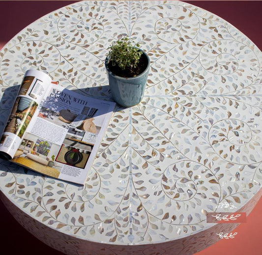 Scroll Vine Mother of Pearl Inlay Coffee Table White