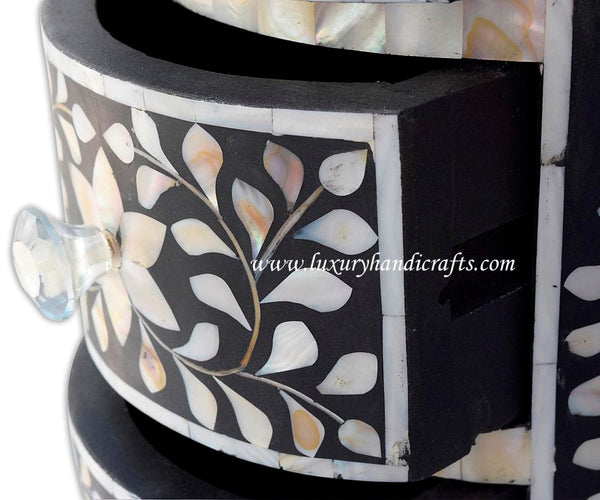 Round Side Table Mother Of Pearl Inlay Floral Design Black