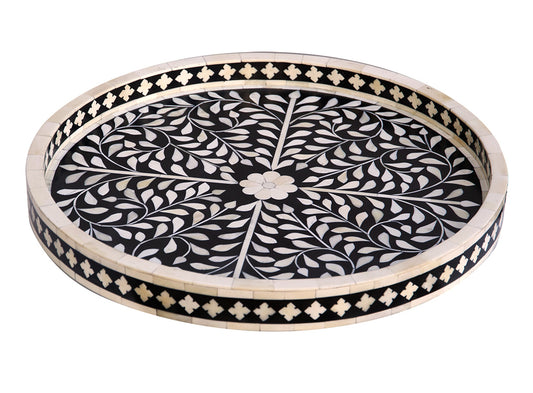 Small Round Bone Inlaid Tray Floral Design Black