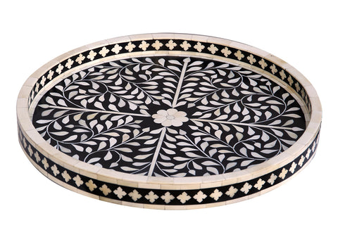 Small Round Bone Inlaid Tray Floral Design Black