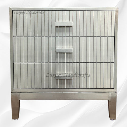 Stripe Silver Metal 3 Drawer Bedside