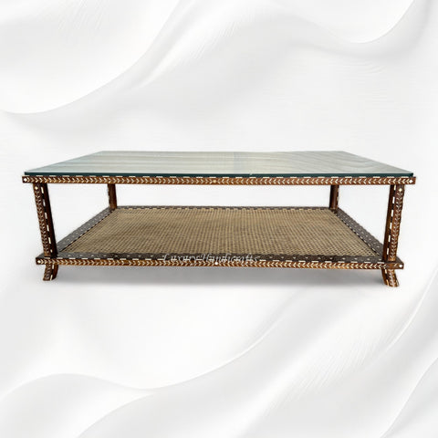 Teakwood Bone Inlaid Cane Coffee Table Walnut Finish