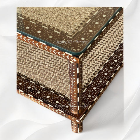 Teakwood Bone Inlaid Cane Coffee Table Walnut Finish