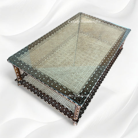 Teakwood Bone Inlaid Cane Coffee Table Walnut Finish