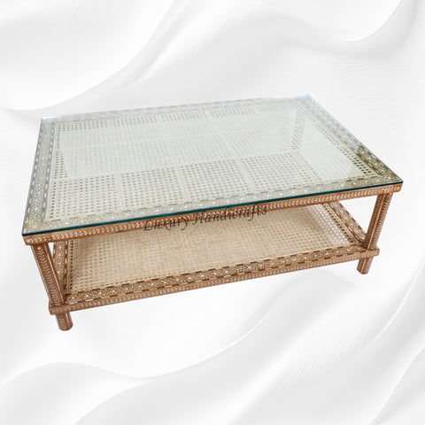 Teakwood Bone Inlaid Cane Coffee Table