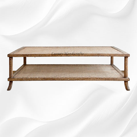 Teakwood Bone Inlaid Cane Coffee Table