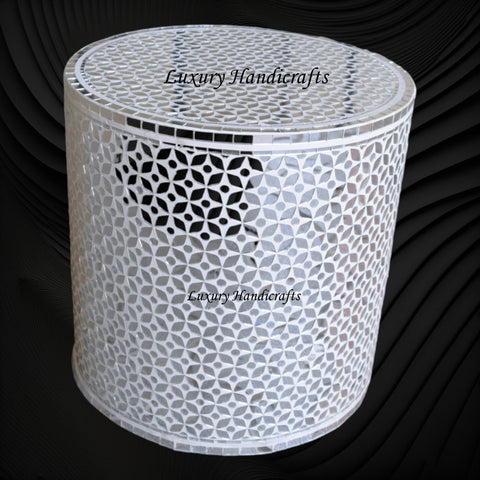 Thikri Glass Inlay Geometric Round Side Table White