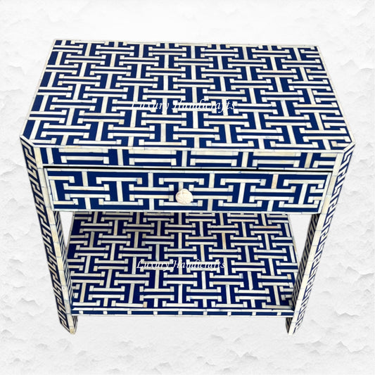 Tic Tac Bone Inlay 1 Drawer 1 Shelf Bedside Indigo
