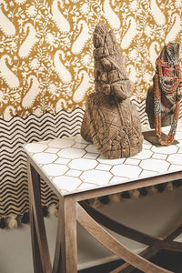 White Marble And Honeycomb Brass Inlay Console