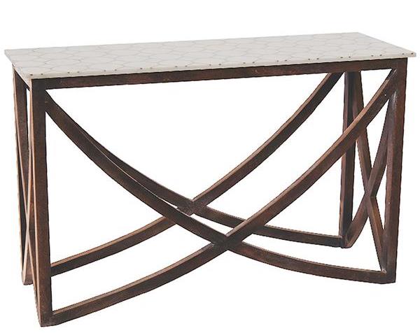 White Marble And Honeycomb Brass Inlay Console