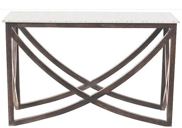 White Marble And Honeycomb Brass Inlay Console