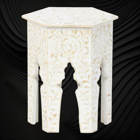Bone Inlay Floral Design Hexagonal Table White
