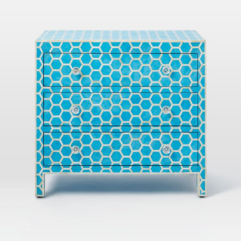 Bone Inlay Chest of 3 Drawer Honeycomb Design Turquoise Blue