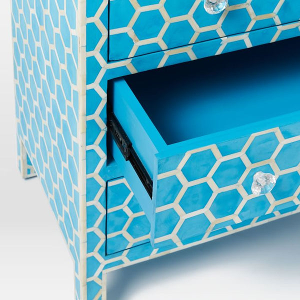 Bone Inlay Chest of 3 Drawer Honeycomb Design Turquoise Blue